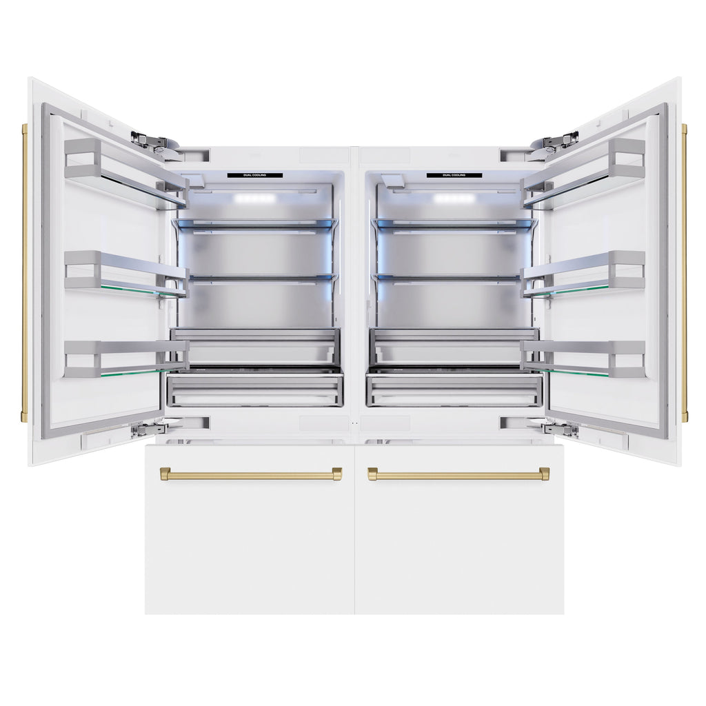 ZLINE 72 in. Built-In French Door Bottom Freezer Refrigerator 39.6 cu. ft. White Matte with Water Dispensers, Ice Makers, Champagne Bronze Accents (RBITZ-WM-72-CB)