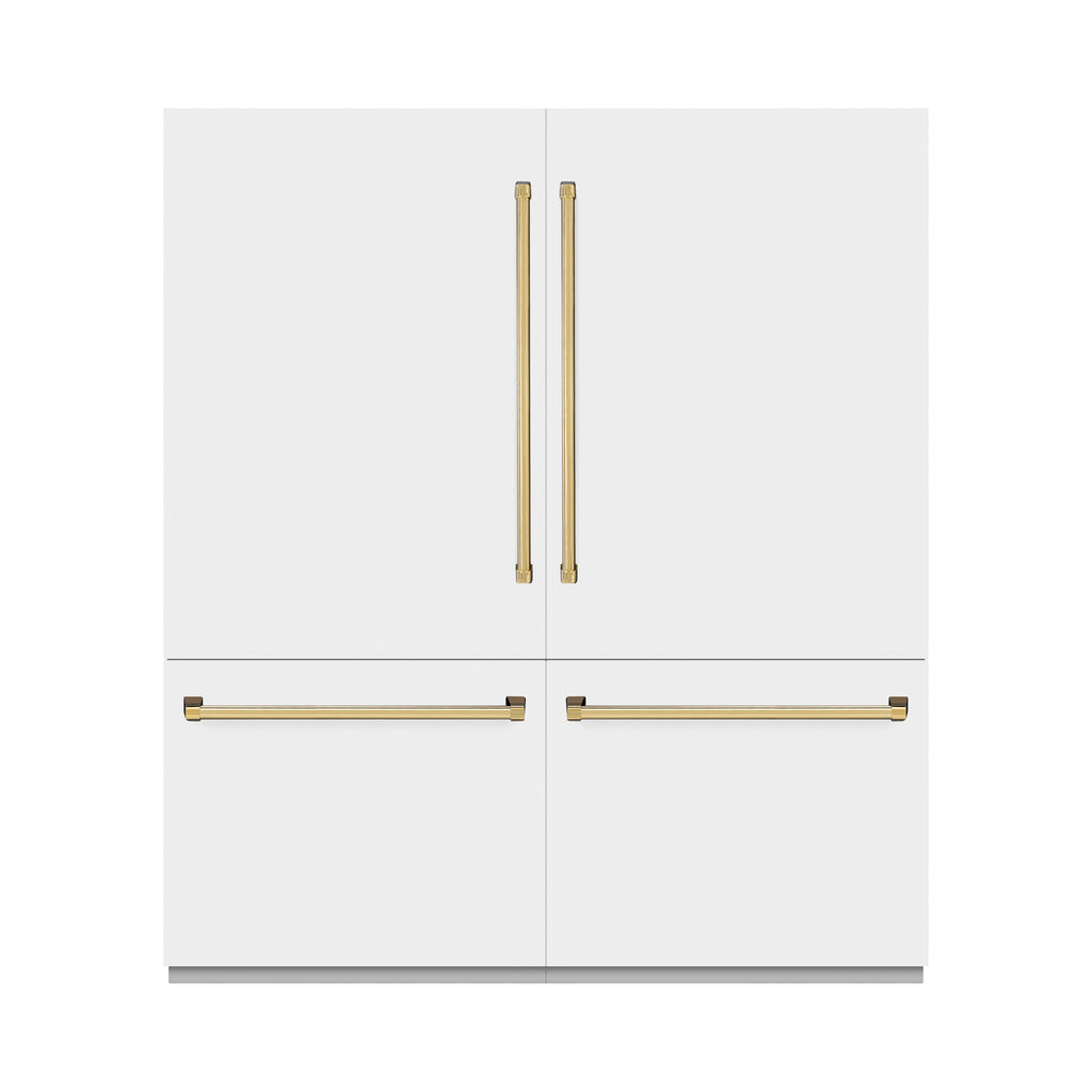 ZLINE 72 in. French Door Built-In Bottom Freezer Refrigerator 39.6 Cu. Ft. White Matte with Water Dispensers, Ice Makers, Polished Gold Accents (RBITZ-WM-72-G)