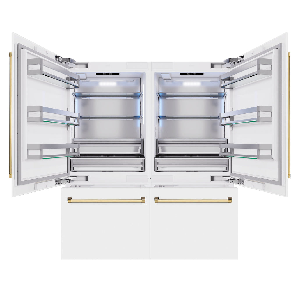 ZLINE 72 in. French Door Built-In Bottom Freezer Refrigerator 39.6 Cu. Ft. White Matte with Water Dispensers, Ice Makers, Polished Gold Accents (RBITZ-WM-72-G)