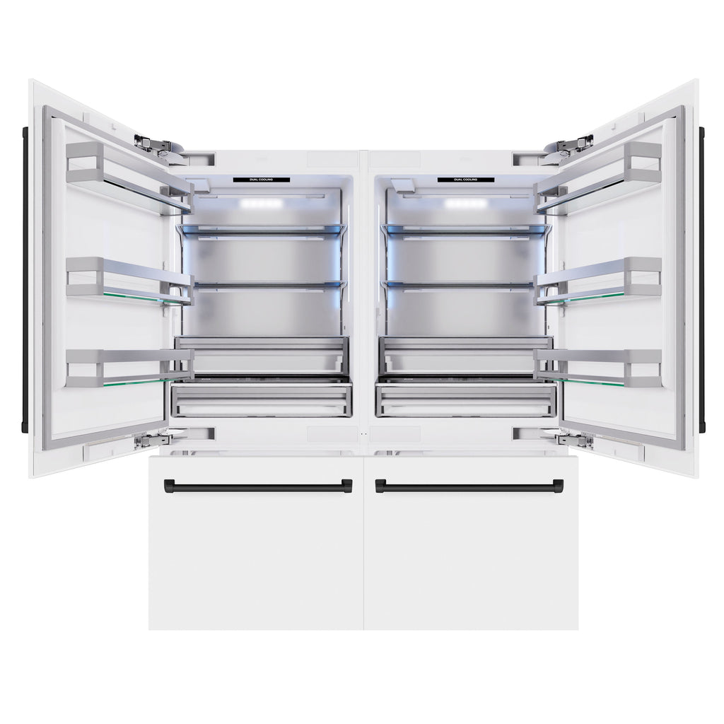 ZLINE 72 in. French Door Built-In Bottom Freezer Refrigerator 39.6 Cu. Ft. White Matte with Water Dispensers, Ice Makers, Matte Black Accents (RBITZ-WM-72-MB)