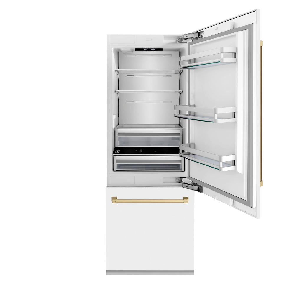 ZLINE 30-Inch Built-In Refrigerator 16.1 cu. ft. Internal Water & Ice Dispenser White Matte with Champagne Bronze Accents (RBIVZ-WM-30-CB)
