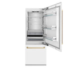 ZLINE 30-Inch Built-In Refrigerator 16.1 cu. ft. Internal Water & Ice Dispenser White Matte with Champagne Bronze Accents (RBIVZ-WM-30-CB)