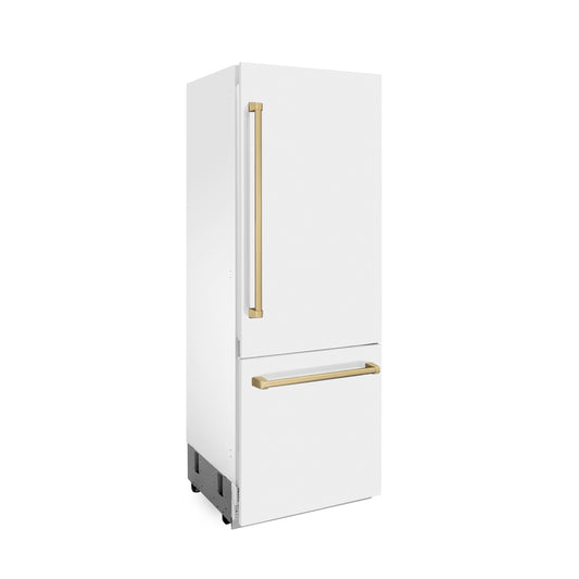 ZLINE 30-Inch Built-In Refrigerator 16.1 cu. ft. Internal Water & Ice Dispenser White Matte with Champagne Bronze Accents (RBIVZ-WM-30-CB)