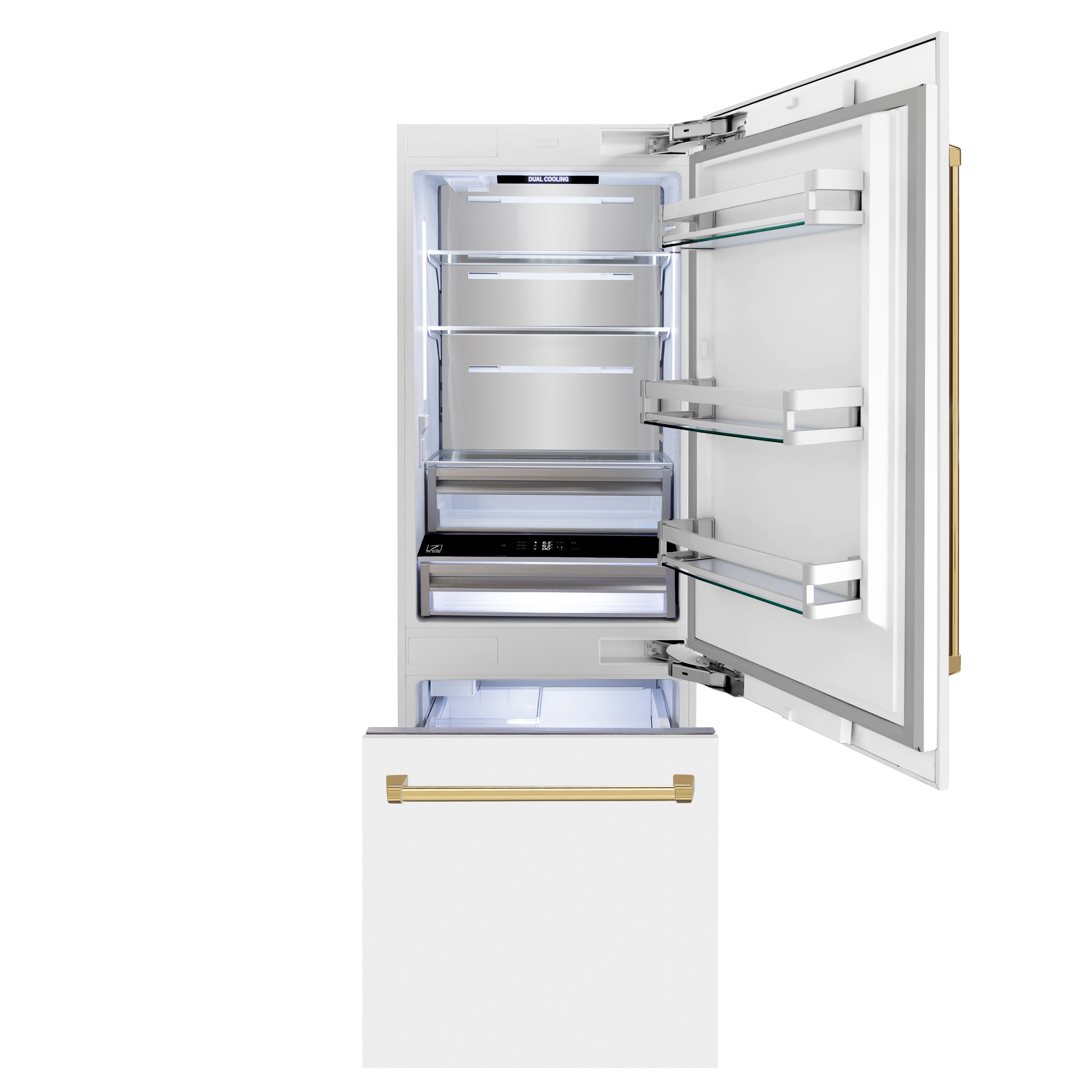 ZLINE 30-Inch Built-In Refrigerator 16.1 Cu. Ft. Internal Water & Ice Dispenser White Matte with Gold Accents (RBIVZ-WM-30-G)