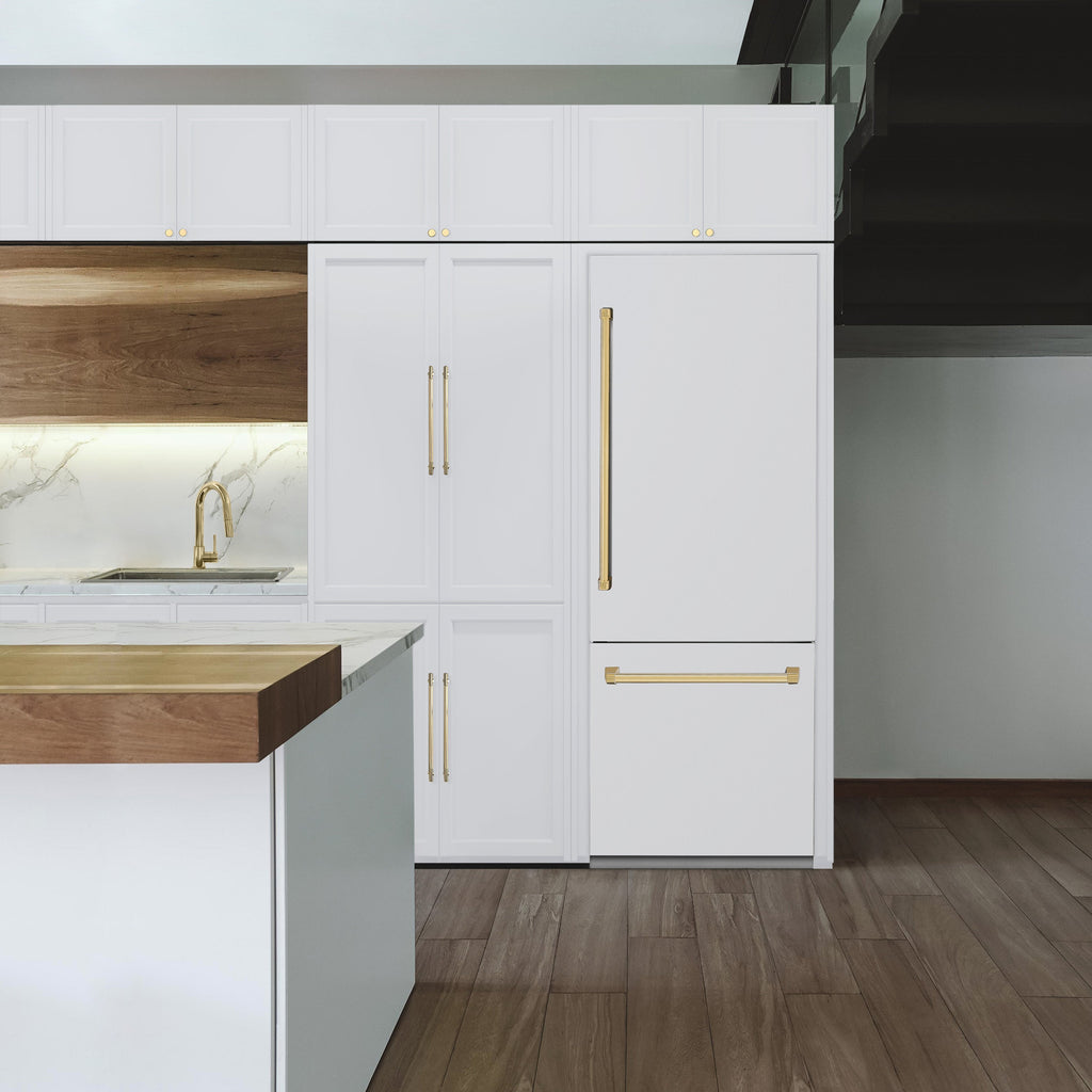 ZLINE 30-Inch Built-In Refrigerator 16.1 Cu. Ft. Internal Water & Ice Dispenser White Matte with Gold Accents (RBIVZ-WM-30-G)