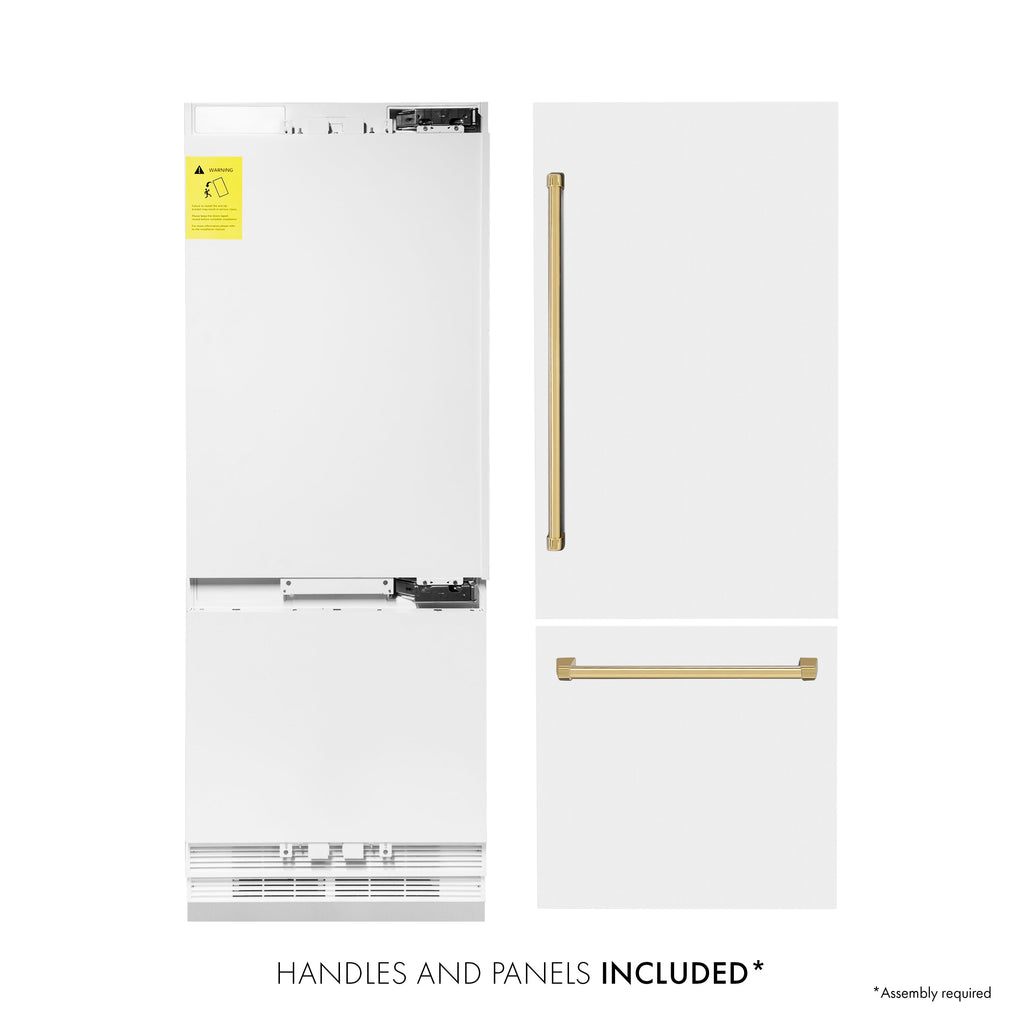 ZLINE 30-Inch Built-In Refrigerator 16.1 Cu. Ft. Internal Water & Ice Dispenser White Matte with Gold Accents (RBIVZ-WM-30-G)
