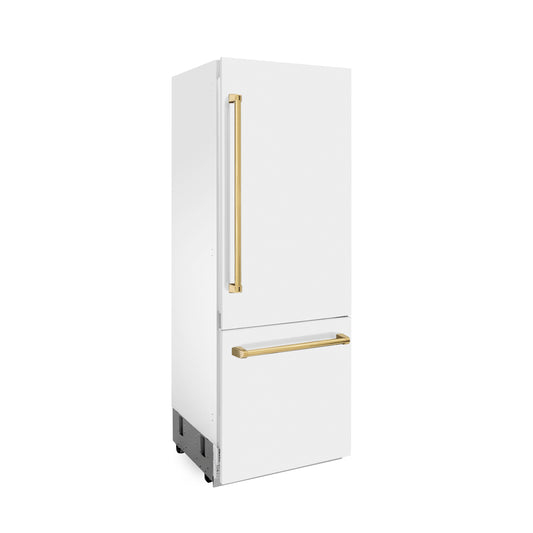 ZLINE 30-Inch Built-In Refrigerator 16.1 Cu. Ft. Internal Water & Ice Dispenser White Matte with Gold Accents (RBIVZ-WM-30-G)