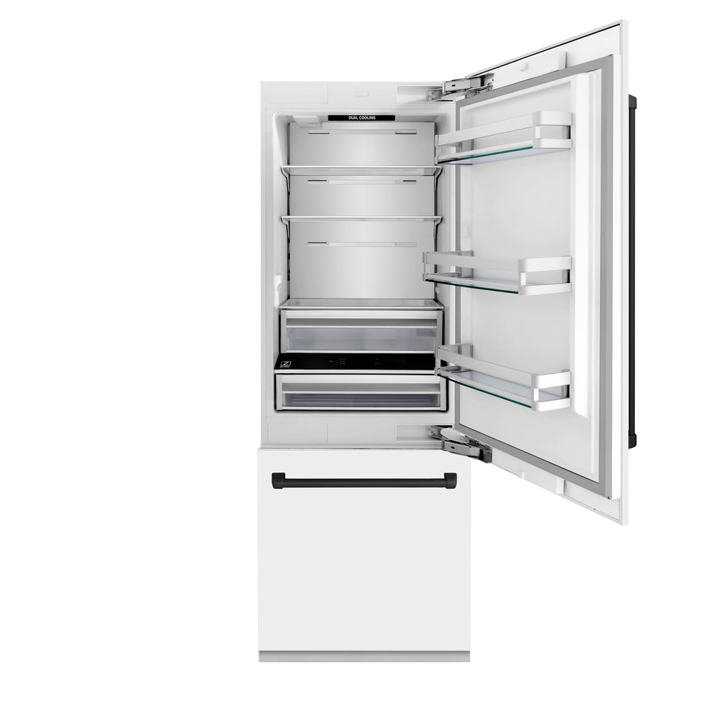 ZLINE 30-Inch Built-In Refrigerator 16.1 cu. ft. Internal Water & Ice Dispenser White Matte with Matte Black Accents (RBIVZ-WM-30-MB)