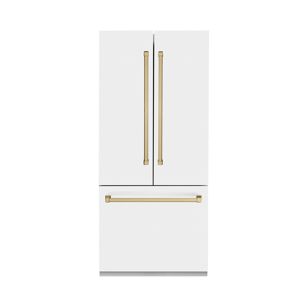 ZLINE 36 in. Built-In French Door Refrigerator 19.6 cu. ft. Internal Water & Ice Dispenser White Matte with Bronze Accents (RBIVZ-WM-36-CB)