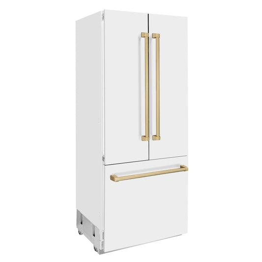ZLINE 36 in. Built-In French Door Refrigerator 19.6 cu. ft. Internal Water & Ice Dispenser White Matte with Bronze Accents (RBIVZ-WM-36-CB)