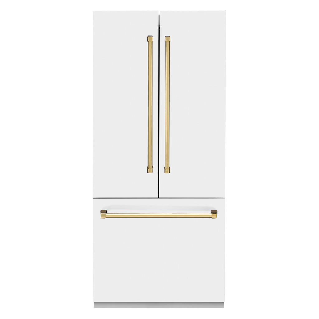 ZLINE 36 in Built-In French Door Refrigerator 19.6 cu. ft Capacity Internal Water & Ice Dispenser White Matte with Gold Accents (RBIVZ-WM-36-G)