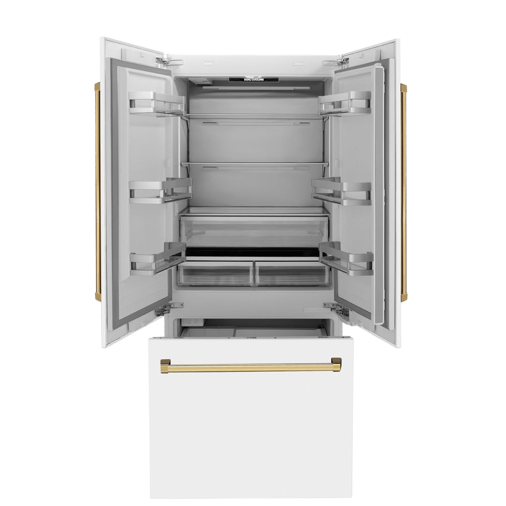 ZLINE 36 in Built-In French Door Refrigerator 19.6 cu. ft Capacity Internal Water & Ice Dispenser White Matte with Gold Accents (RBIVZ-WM-36-G)