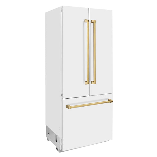 ZLINE 36 in Built-In French Door Refrigerator 19.6 cu. ft Capacity Internal Water & Ice Dispenser White Matte with Gold Accents (RBIVZ-WM-36-G)
