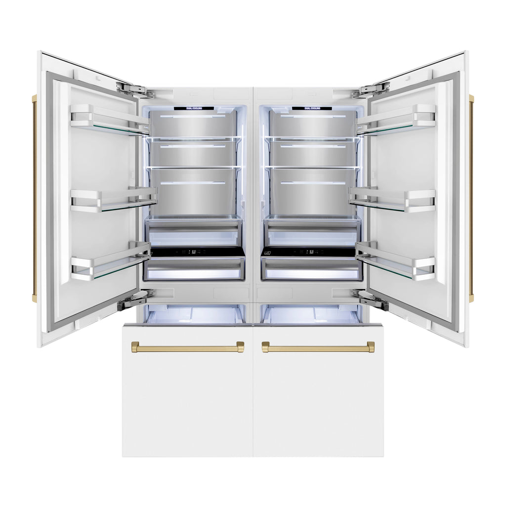 ZLINE 60 in. Built-In Refrigerator 32.2 cu. ft. Internal Water & Ice Dispenser White Matte Champagne Bronze Accents (RBIVZ-WM-60-CB)