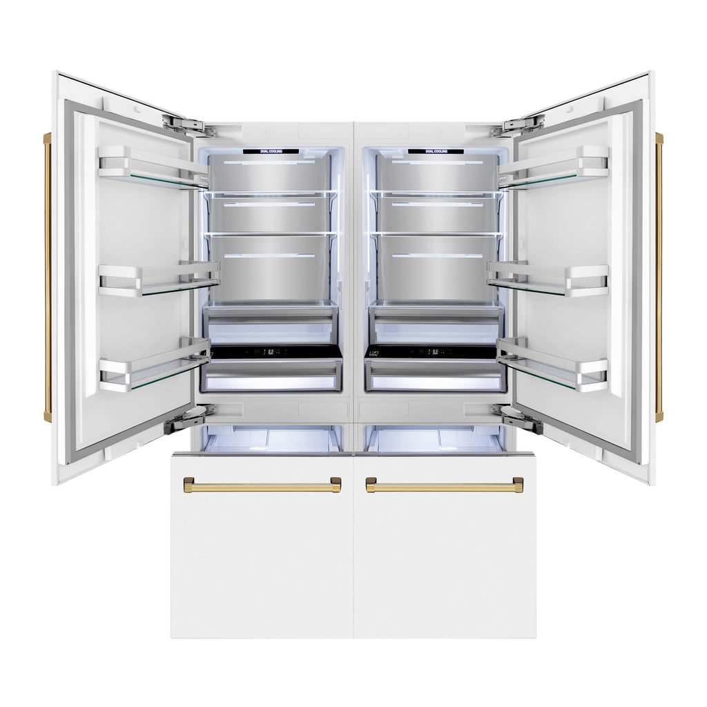 ZLINE 60 in Built-In Refrigerator 32.2 cu ft Internal Water & Ice Dispenser White Matte Gold Accents (RBIVZ-WM-60-G)