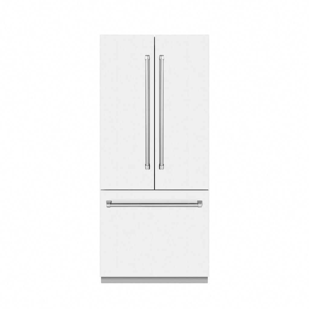 ZLINE 36 in. French Door Built-In Bottom Freezer Refrigerator 19.6 Cu. Ft. with Water Dispenser, Ice Maker, White Matte Finish, Stainless Steel Interior (SRBIV-WM-36)