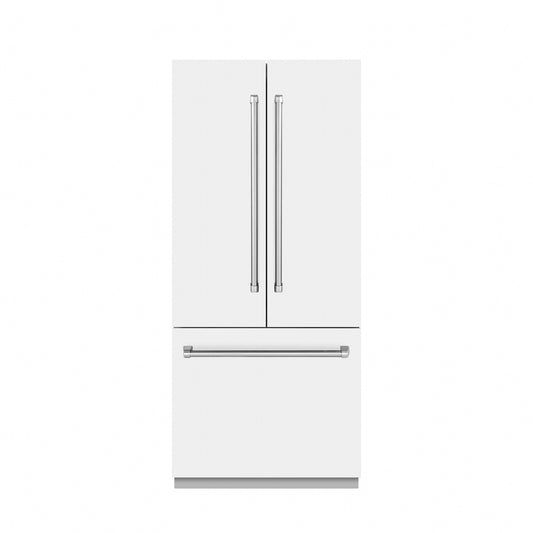 ZLINE 36 in. French Door Built-In Bottom Freezer Refrigerator 19.6 Cu. Ft. with Water Dispenser, Ice Maker, White Matte Finish, Stainless Steel Interior (SRBIV-WM-36)