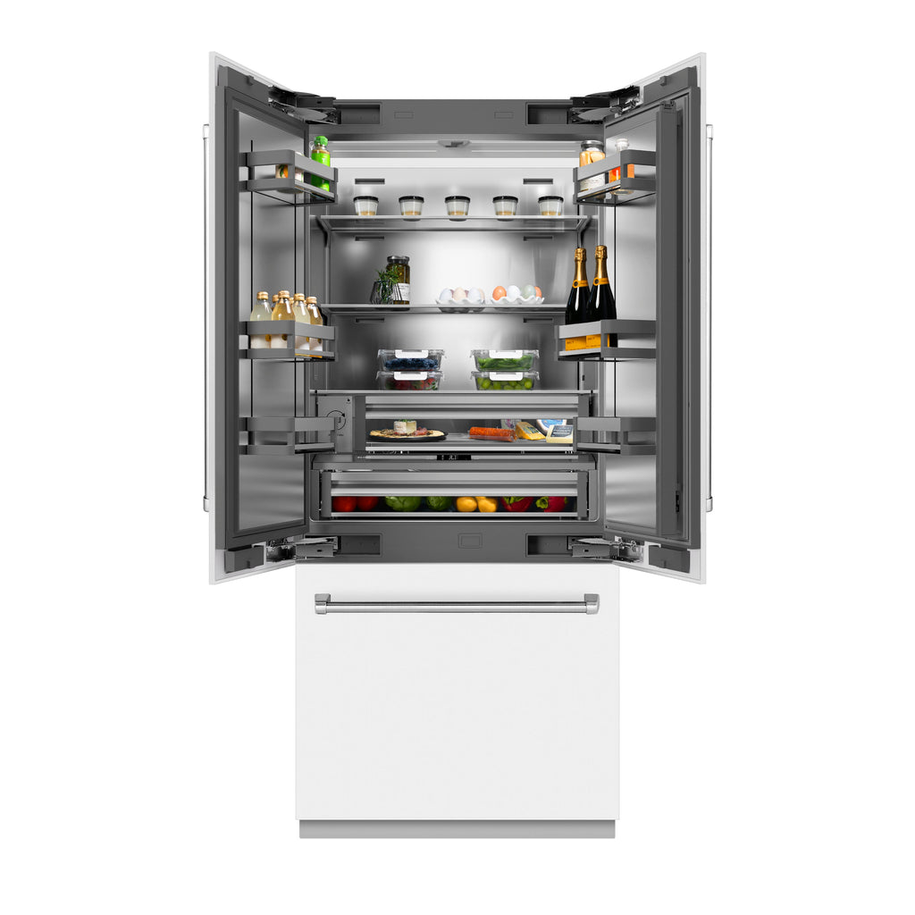 ZLINE 36 in. French Door Built-In Bottom Freezer Refrigerator 19.6 Cu. Ft. with Water Dispenser, Ice Maker, White Matte Finish, Stainless Steel Interior (SRBIV-WM-36)