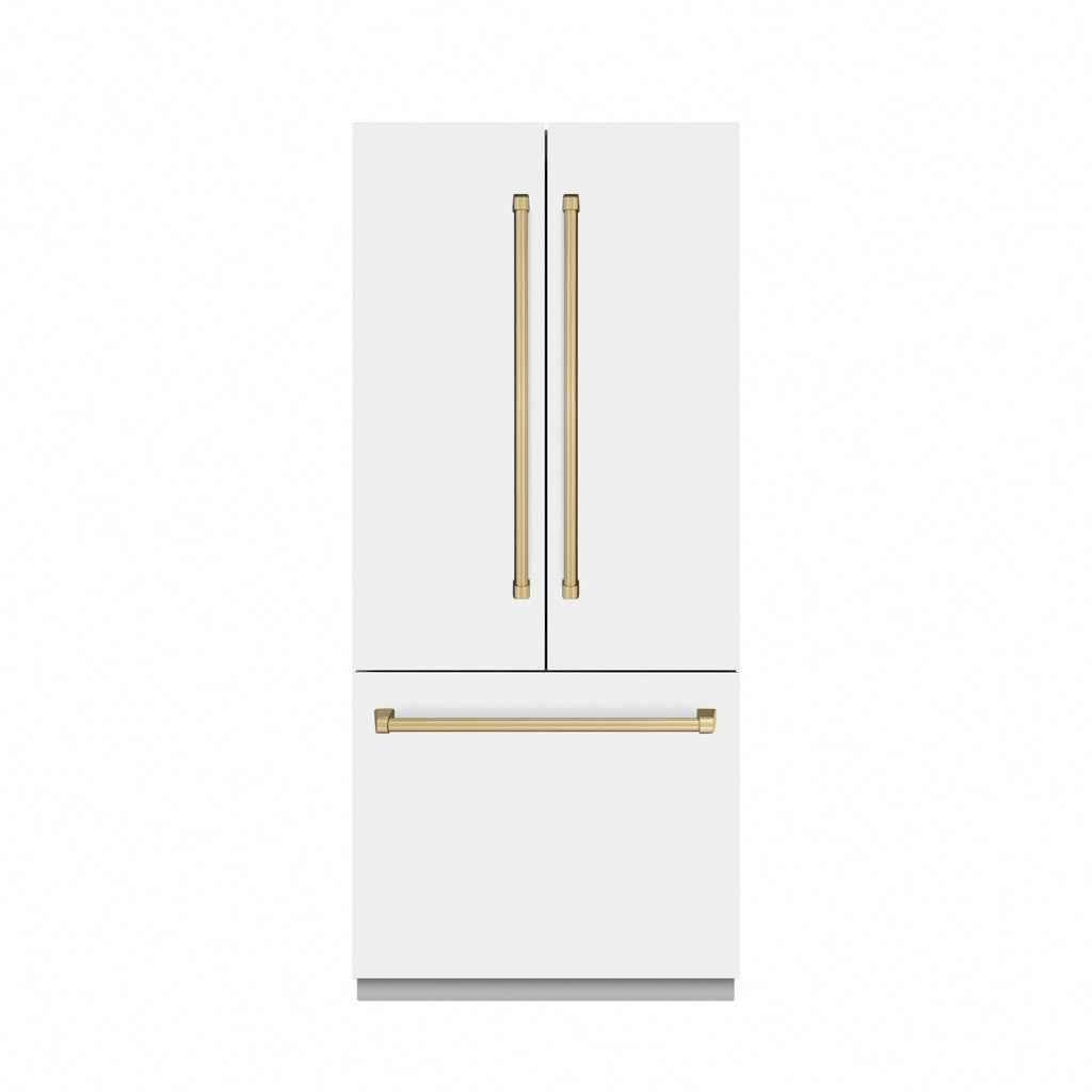 ZLINE 36 in. French Door Built-In Bottom Freezer Refrigerator 19.6 Cu. Ft. Water Dispenser Ice Maker White Matte Stainless Steel Interior Champagne Bronze Accents (SRBIVZ-WM-36-CB)