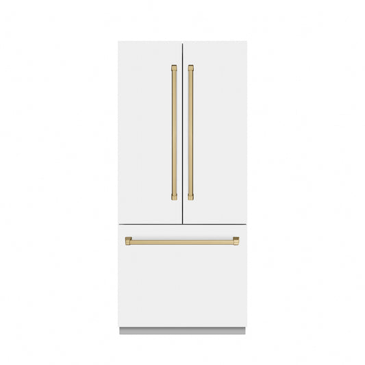 ZLINE 36 in. French Door Built-In Bottom Freezer Refrigerator 19.6 Cu. Ft. Water Dispenser Ice Maker White Matte Stainless Steel Interior Champagne Bronze Accents (SRBIVZ-WM-36-CB)