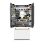 ZLINE 36 in. French Door Built-In Bottom Freezer Refrigerator 19.6 Cu. Ft. Water Dispenser Ice Maker White Matte Stainless Steel Interior Champagne Bronze Accents (SRBIVZ-WM-36-CB)