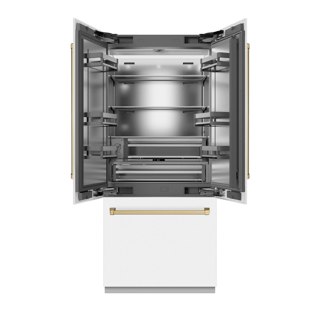 ZLINE 36 in. French Door Built-In Bottom Freezer Refrigerator 19.6 Cu. Ft. Water Dispenser Ice Maker White Matte Stainless Steel Interior Champagne Bronze Accents (SRBIVZ-WM-36-CB)
