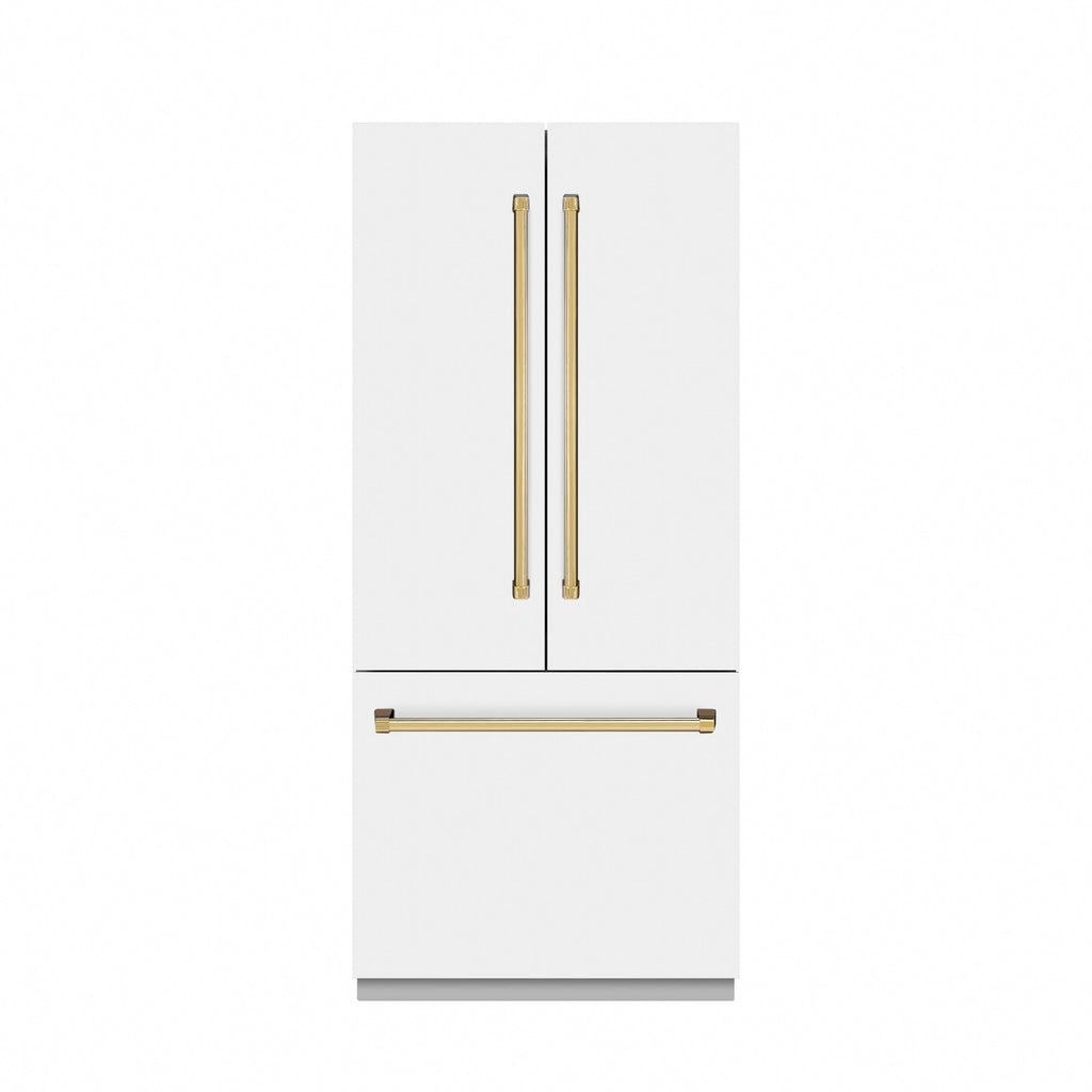 ZLINE 36 in. French Door Built-In Bottom Freezer Refrigerator, 19.6 cu. ft., White Matte, Water Dispenser, Ice Maker, Stainless Steel Interior (SRBIVZ-WM-36-G)