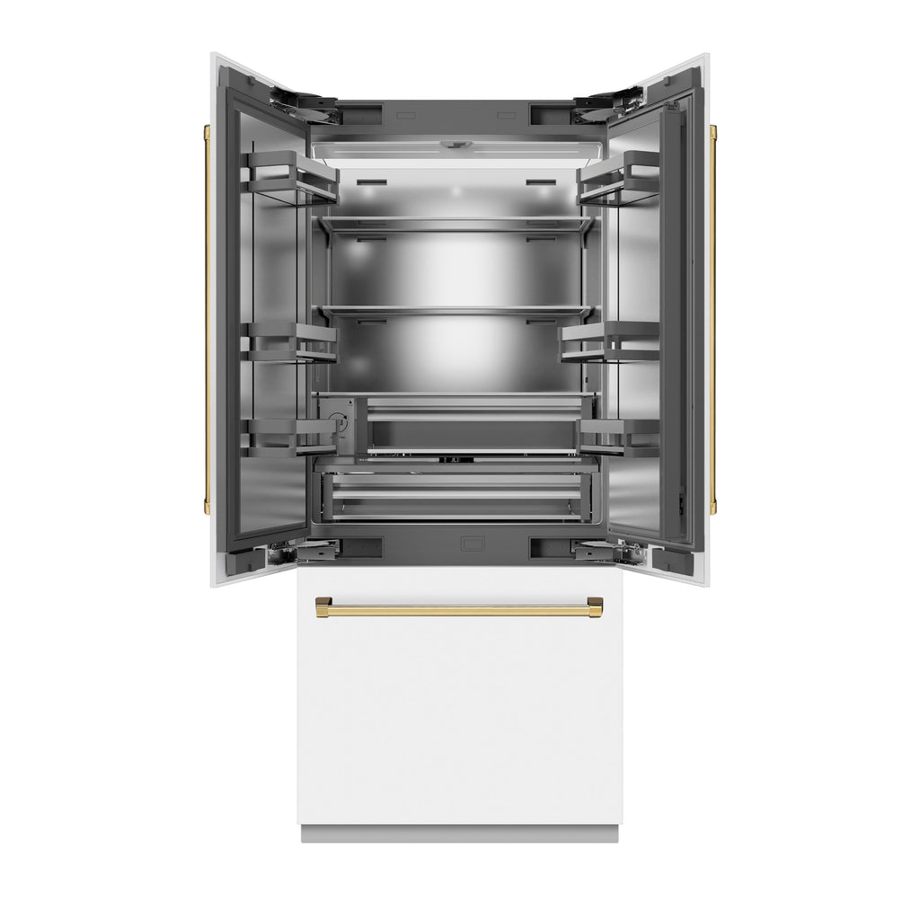 ZLINE 36 in. French Door Built-In Bottom Freezer Refrigerator, 19.6 cu. ft., White Matte, Water Dispenser, Ice Maker, Stainless Steel Interior (SRBIVZ-WM-36-G)