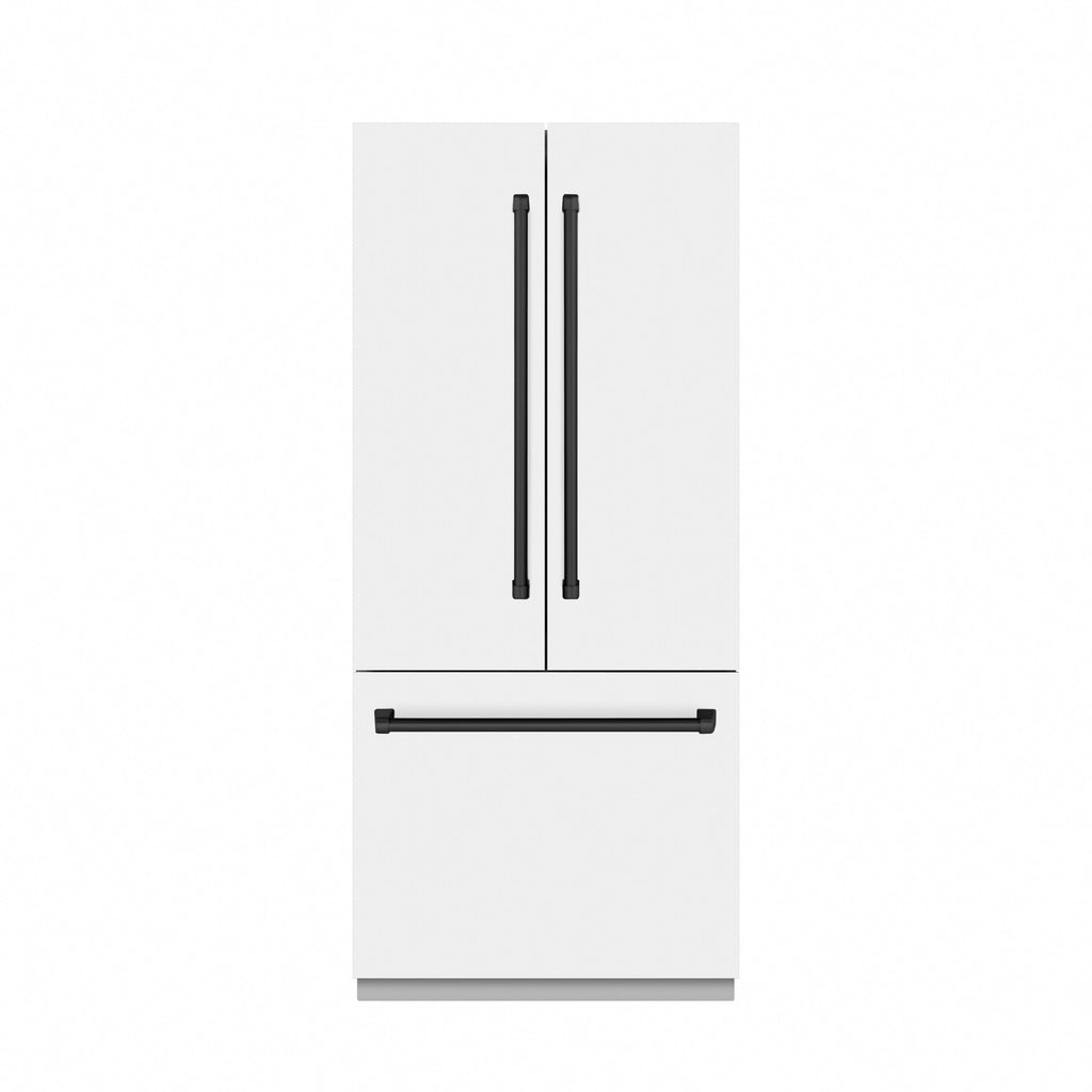ZLINE 36 in. French Door Built-In Bottom Freezer Refrigerator 19.6 Cu. Ft. Water Dispenser Ice Maker White Matte Stainless Steel Interior Matte Black Accents (SRBIVZ-WM-36-MB)