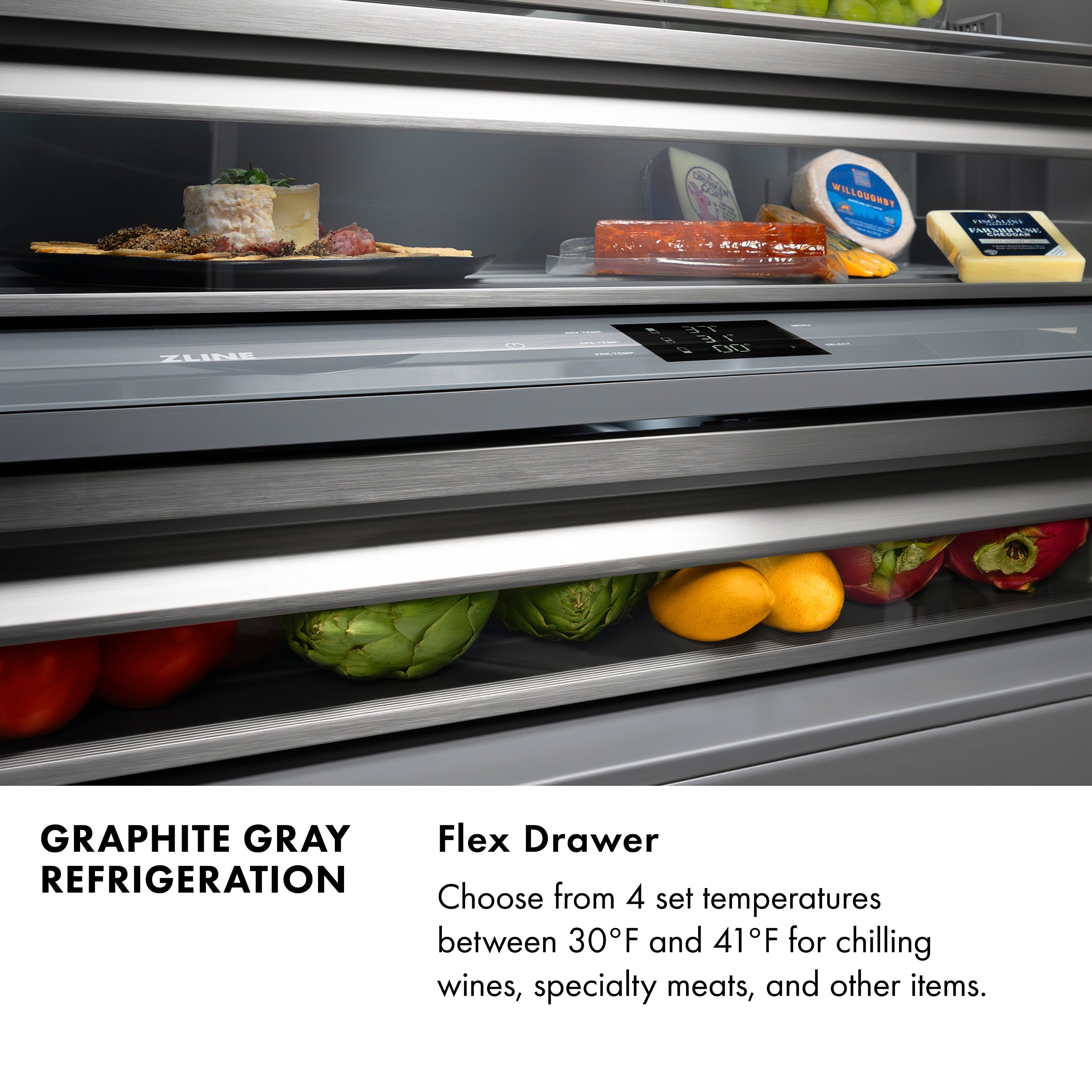ZLINE 30 in. Built-In Bottom Freezer Refrigerator 16.1 cu. ft. Water Dispenser, Ice Maker, Black Stainless Steel, Graphite Gray Interior, Polished Gold Helix Handles (GRBIVZ-BS30KG)