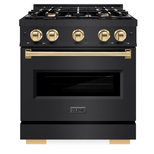ZLINE 30 in. Gas Range 4.2 cu. ft. 4 Burner Cooktop Black Stainless Steel with Polished Gold Accents (CGRBZ-30-G)