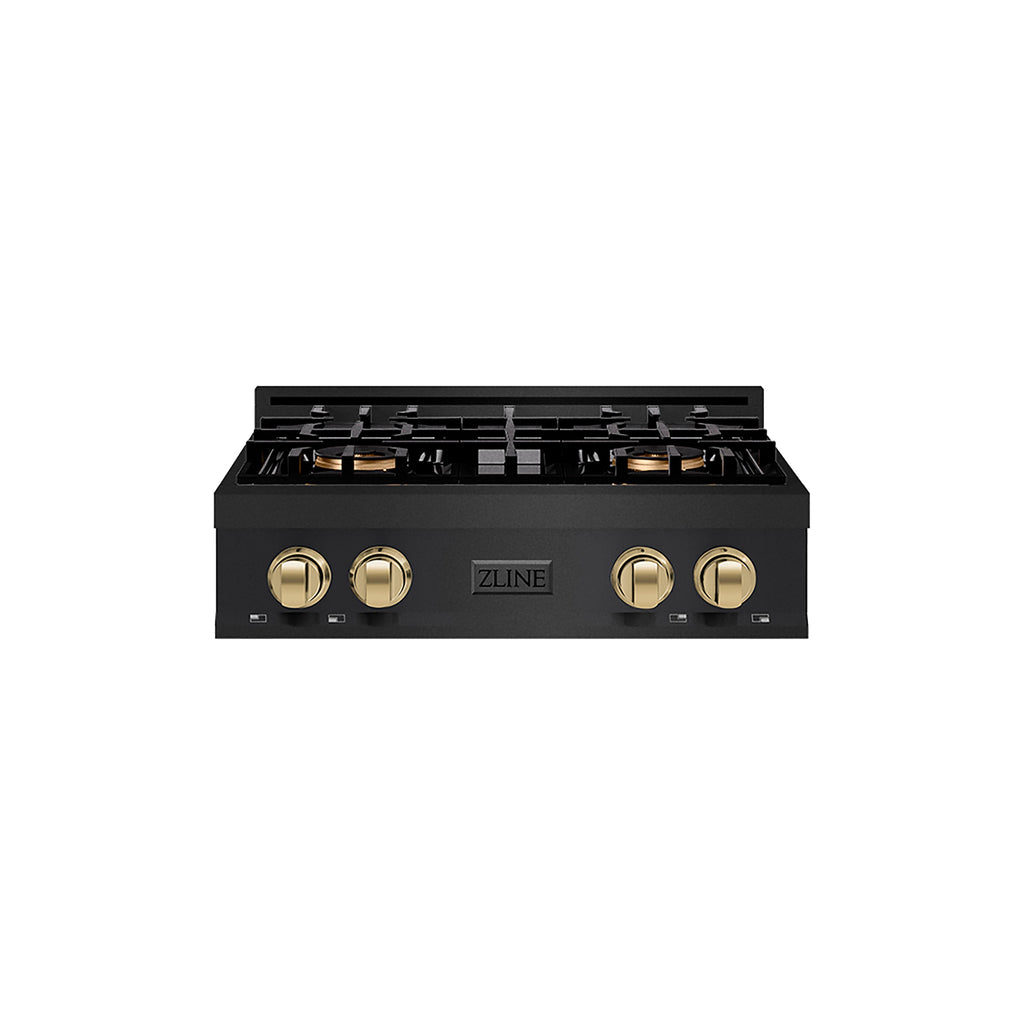ZLINE Autograph 30" Classic Gas Rangetop with 4 Burner DuoPro™ Cooktop in Black Stainless Steel and Champagne Bronze Accents, PCRTBZ-30-CB