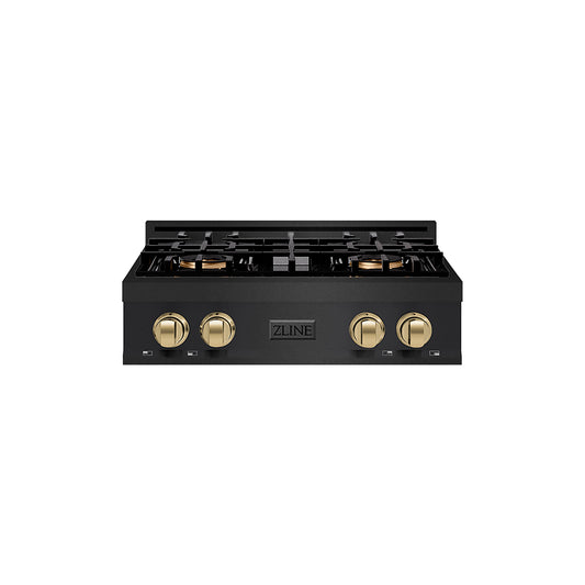 ZLINE Autograph 30" Classic Gas Rangetop with 4 Burner DuoPro™ Cooktop in Black Stainless Steel and Champagne Bronze Accents, PCRTBZ-30-CB