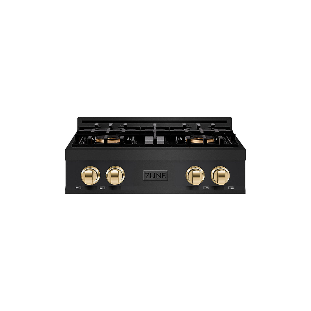 ZLINE Autograph 30" Classic Gas Rangetop with 4 Burner DuoPro™ Cooktop in Black Stainless Steel and Polished Gold Accents, PCRTBZ-30-G