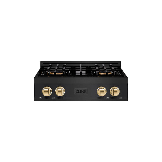 ZLINE Autograph 30" Classic Gas Rangetop with 4 Burner DuoPro™ Cooktop in Black Stainless Steel and Polished Gold Accents, PCRTBZ-30-G