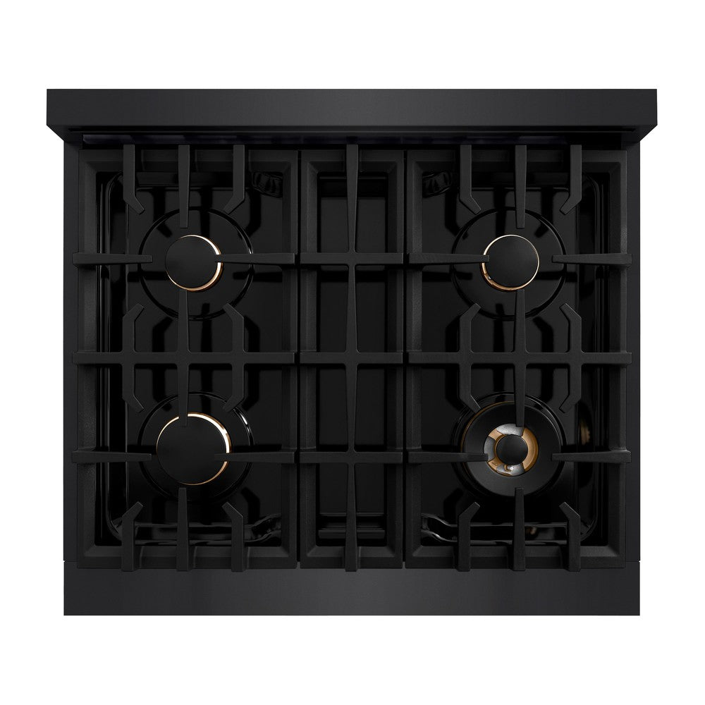ZLINE 30 in. Dual Fuel Range 4.2 cu. ft. 4 Gas Burners Black Stainless Steel Polished Gold Accents (CDRBZ-30-G)