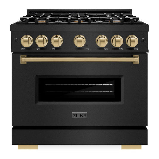 ZLINE Autograph Edition 36 in. Classic Dual Fuel Range, 5.2 cu. ft., 6 Burner Gas Cooktop with Electric Convection Oven, Black Stainless Steel with Champagne Bronze Accents (CDRBZ-36-CB)