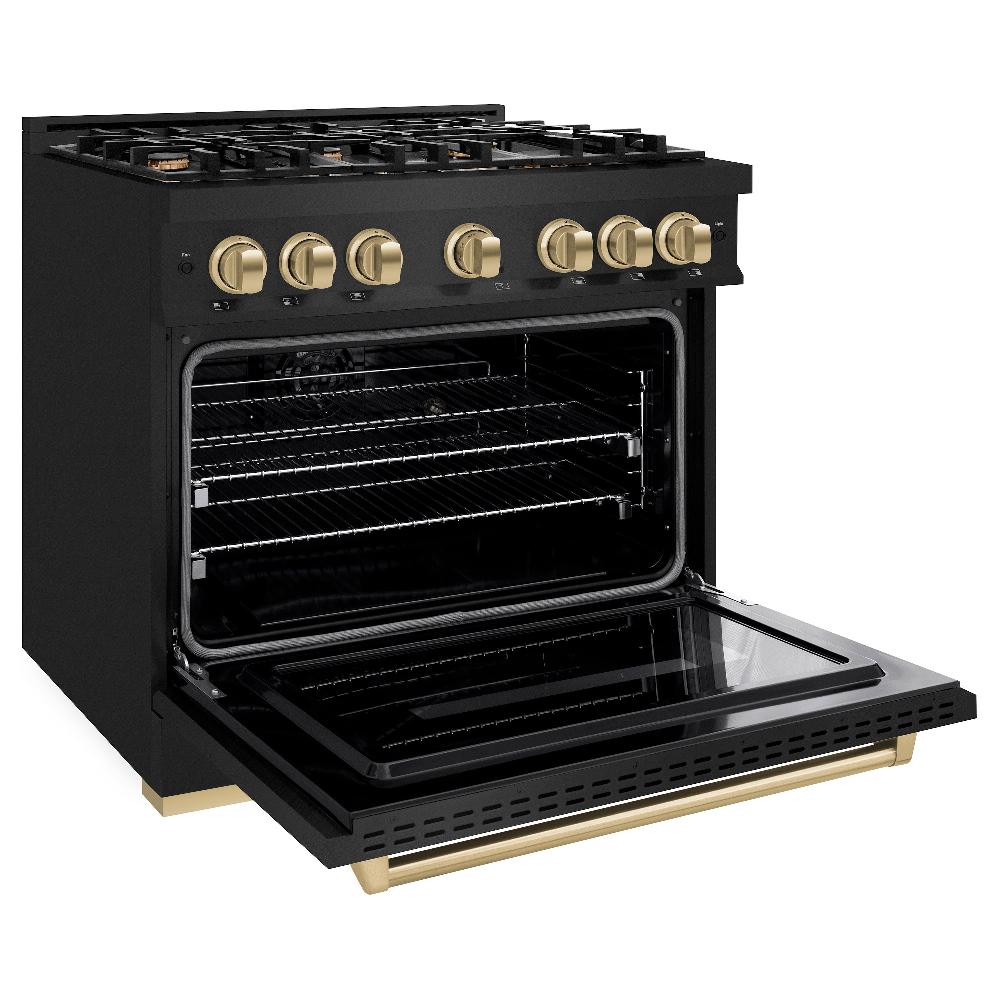 ZLINE Autograph Edition 36 in. Classic Dual Fuel Range, 5.2 cu. ft., 6 Burner Gas Cooktop with Electric Convection Oven, Black Stainless Steel with Champagne Bronze Accents (CDRBZ-36-CB)
