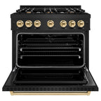 ZLINE 36 in. Dual Fuel Range 5.2 cu. ft. 6 Burner Gas Cooktop Electric Convection Oven Black Stainless Steel with Polished Gold Accents (CDRBZ-36-G)