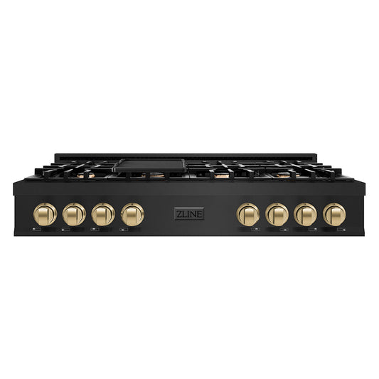 ZLINE Autograph Edition 48 In. Porcelain Rangetop with 7 Gas Burners in Black Stainless Steel and Champagne Bronze Accents, RTBZ-48-CB