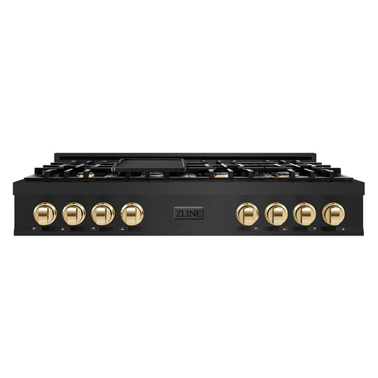 ZLINE Autograph Edition 48 Inch Porcelain Rangetop with 7 Gas Burners in Black Stainless Steel and Gold Accents, RTBZ-48-G