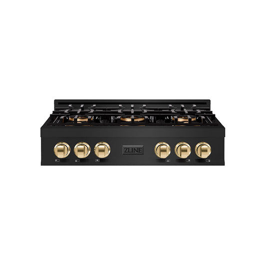 ZLINE Autograph 36" Classic Gas Rangetop with 6 Burner DuoPro™ Cooktop in Black Stainless Steel and Polished Gold Accents, PCRTBZ-36-G