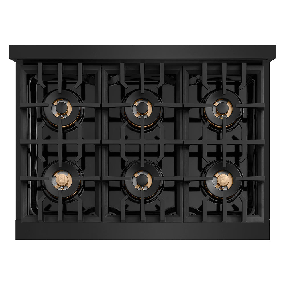 ZLINE Autograph 36" Classic Gas Rangetop with 6 Burner DuoPro™ Cooktop in Black Stainless Steel and Polished Gold Accents, PCRTBZ-36-G