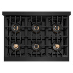 ZLINE Autograph 36" Classic Gas Rangetop with 6 Burner DuoPro™ Cooktop in Black Stainless Steel and Polished Gold Accents, PCRTBZ-36-G