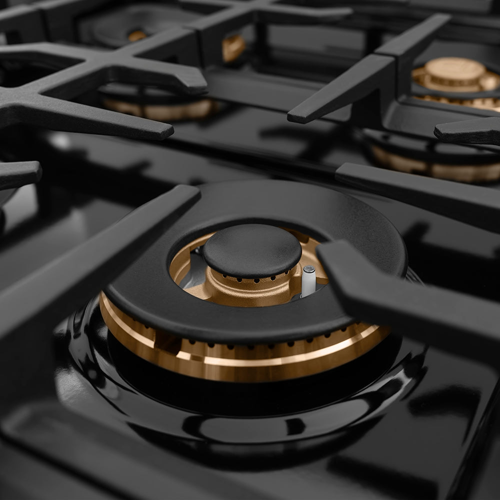 ZLINE Autograph 48" Classic Gas Rangetop with 8 Burner DuoPro™ Cooktop in Black Stainless Steel and Polished Gold Accents, PCRTBZ-48-G