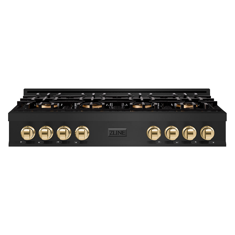 ZLINE Autograph 48" Classic Gas Rangetop with 8 Burner DuoPro™ Cooktop in Black Stainless Steel and Polished Gold Accents, PCRTBZ-48-G