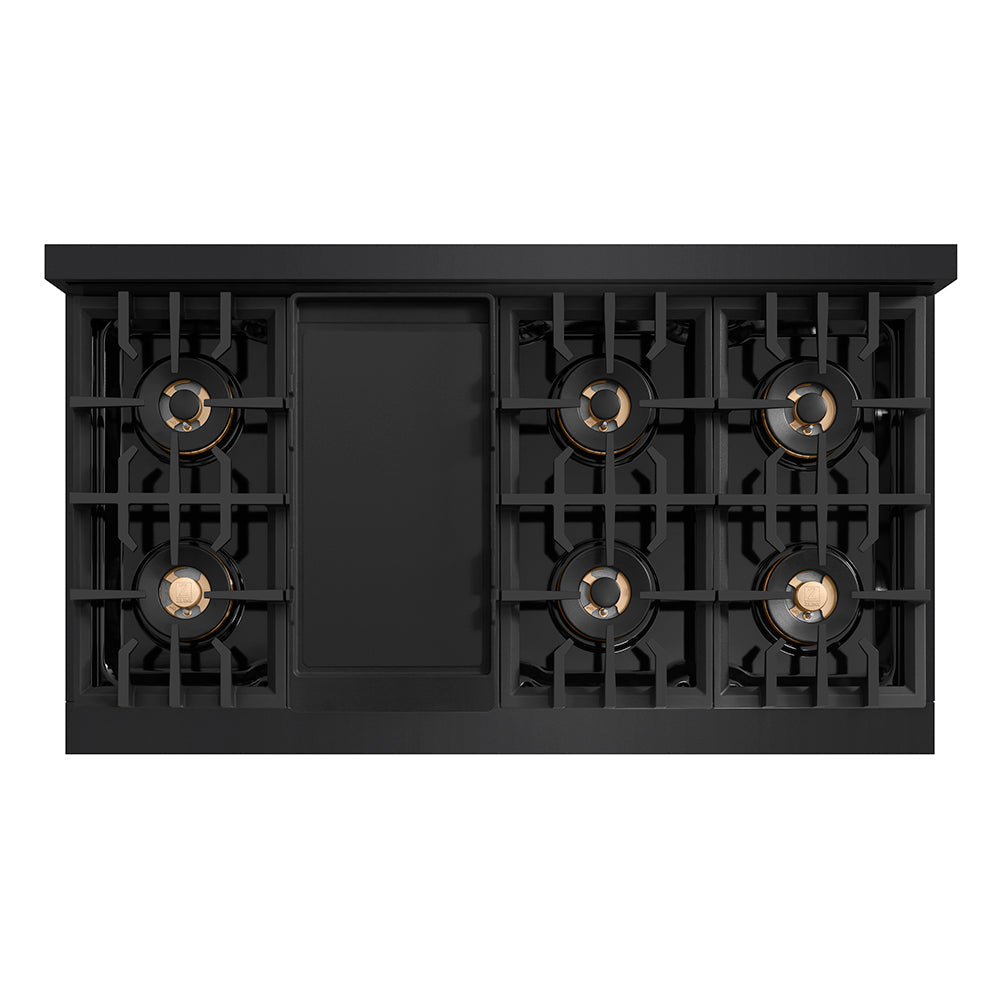 ZLINE Autograph 48" Classic Gas Rangetop with 8 Burner DuoPro™ Cooktop in Black Stainless Steel and Polished Gold Accents, PCRTBZ-48-G
