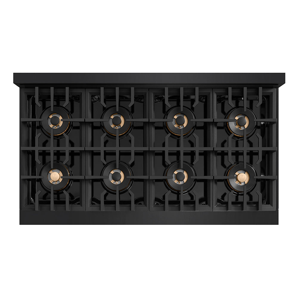 ZLINE Autograph 48" Classic Gas Rangetop with 8 Burner DuoPro™ Cooktop in Black Stainless Steel and Polished Gold Accents, PCRTBZ-48-G