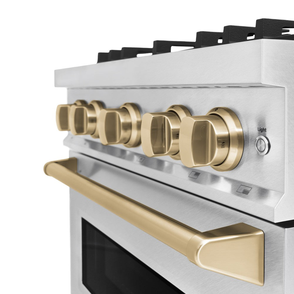ZLINE Autograph Edition 30 in. Classic Dual Fuel Range, 4.2 cu. ft., 4 Burner Gas Cooktop with Electric Convection Oven, Satin Stainless Steel with Champagne Bronze Accents (CDRSZ-30-CB)