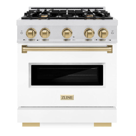 ZLINE Autograph Edition 30 in. Classic Dual Fuel Range, 4.2 cu. ft., 4 Burner Gas Cooktop with Electric Convection Oven, Satin Stainless Steel with White Matte Door and Champagne Bronze Accents (CDRSZ-WM-30-CB)